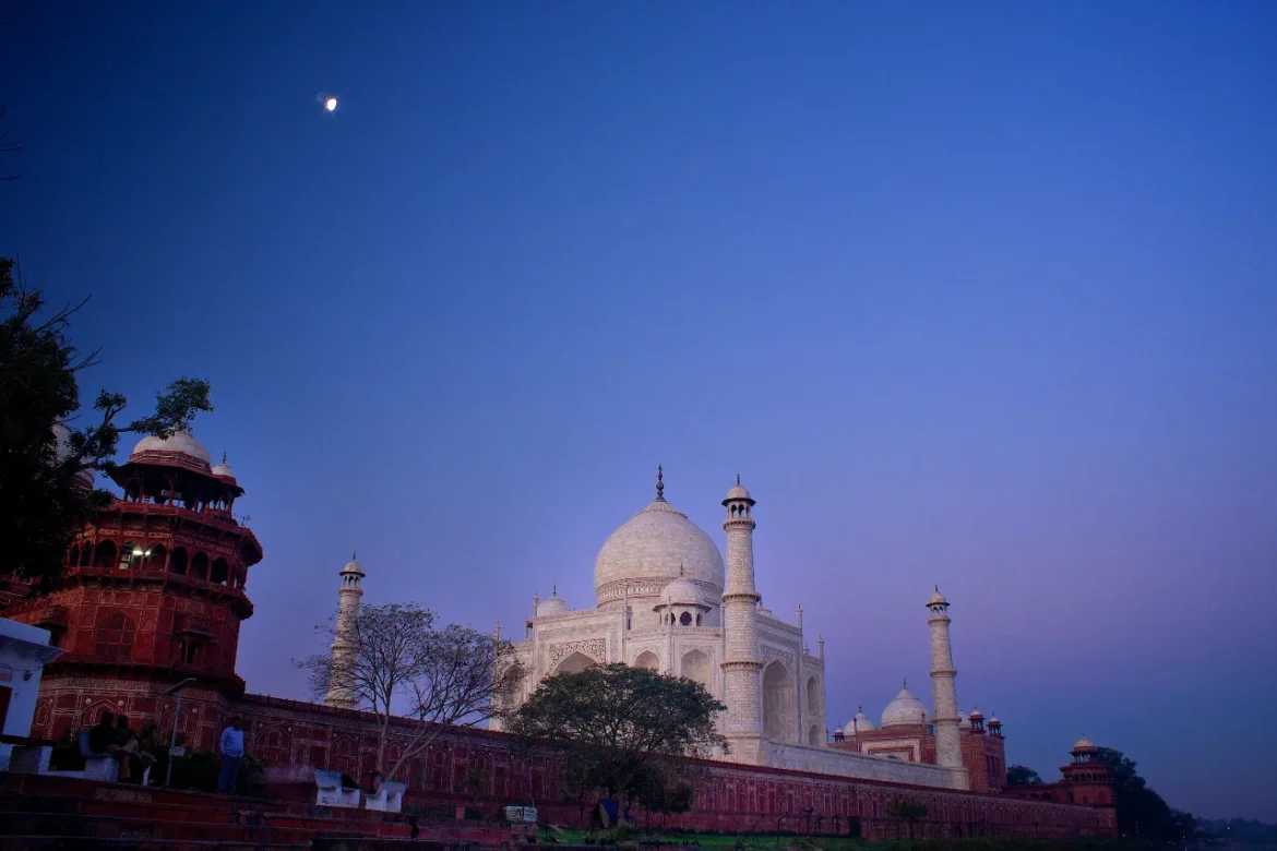 Taj Mahal's North side as viewed from the Yamuna river bank at night time